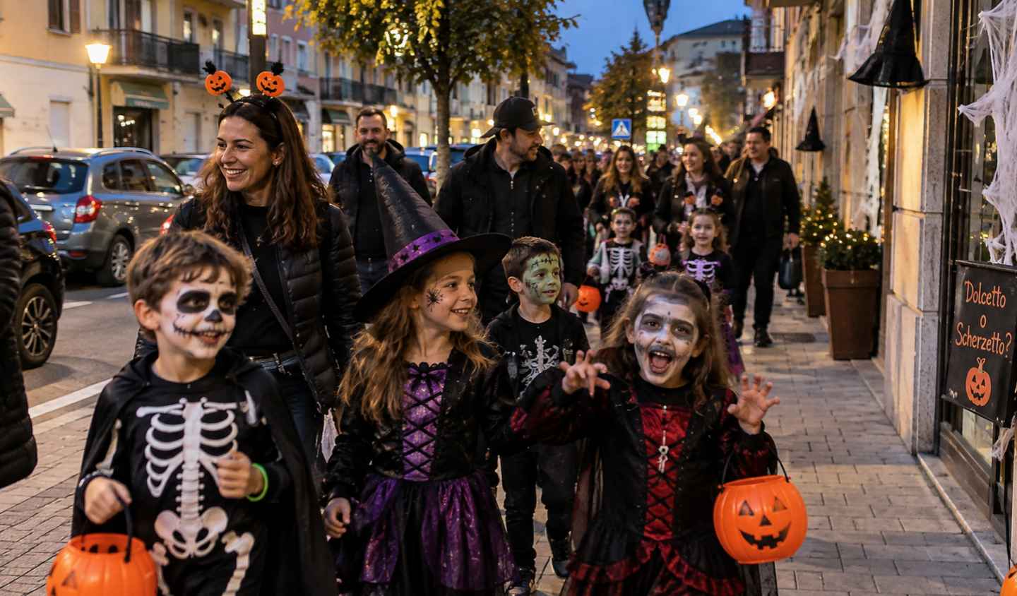 Famiglie e bambini durante una Halloween Walk per le vie del paese